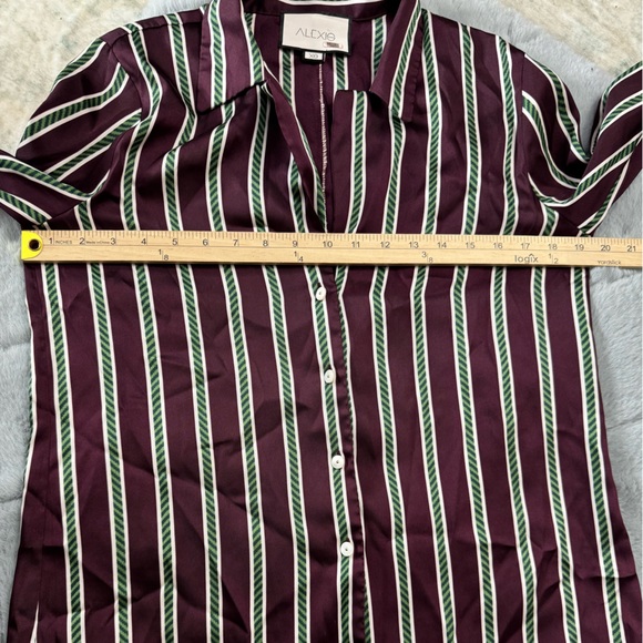 Alexis Samwell Striped Satin Blouse XS Burgundy Green Long Sleeve Top Crepe - Picture 9 of 10